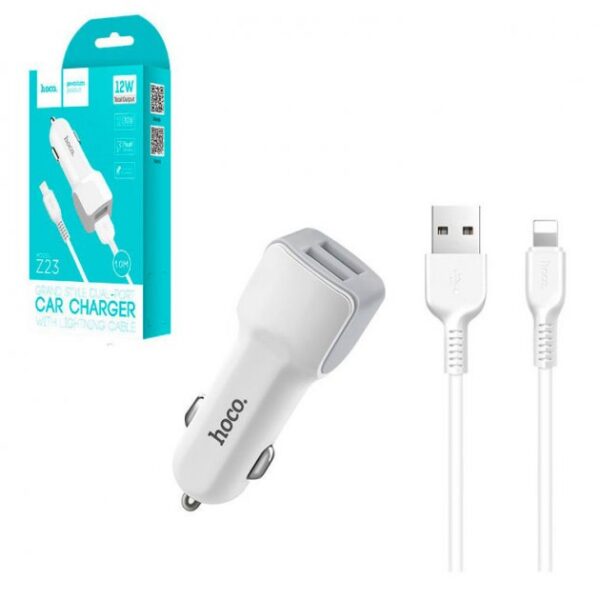 Автомобільний зарядний пристрій Hoco Apple Z23 (2.4A, Dual USB output + Lightning cable)