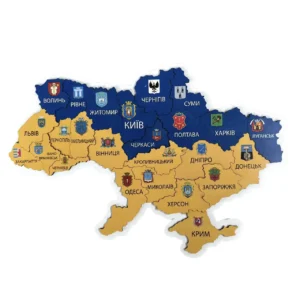 Дерев'яна карта України 50х70см (кольорова з гербами)