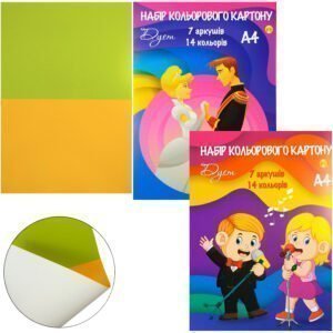 Картон кольоровий, А4, 7 аркушів, 14 кольорів, односторонній, "Кольоровий дует", Тетрада