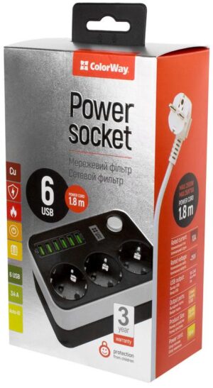 Подовжувач: 220V ColorWay CW-CHE36B 1,8m 3 розетки, 6xUSB Black