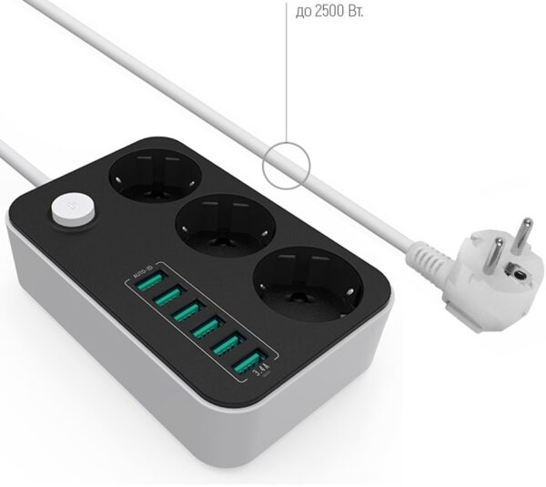 Подовжувач: 220V ColorWay CW-CHE36B 1,8m 3 розетки, 6xUSB Black - Зображення 2