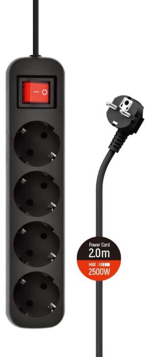 Подовжувач: 220V ColorWay CW-PSEA42BK 2m, 4 розетки, Black