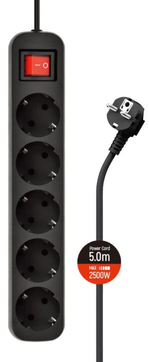 Подовжувач: 220V ColorWay CW-PSEA55BK 5m, 5 розеток, Black