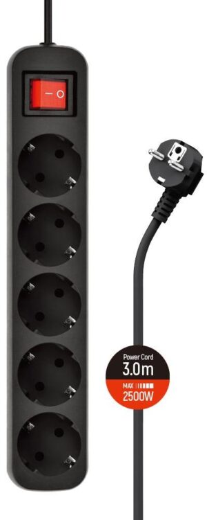 Подовжувач: 220V ColorWay CW-PSEA53BK 3m, 5 розеток, Black