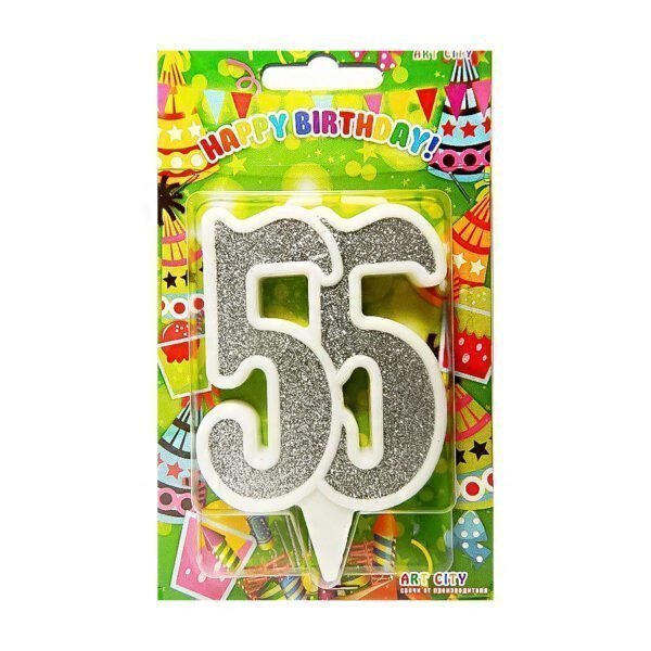 Свічка для торта, 6х7,5 см, срібло, "Цифра 55"