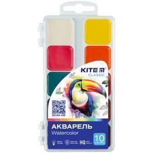 Акварель, 10 кольорів, медова, напівсуха, без пензлика, пластикова упаковка, KITE